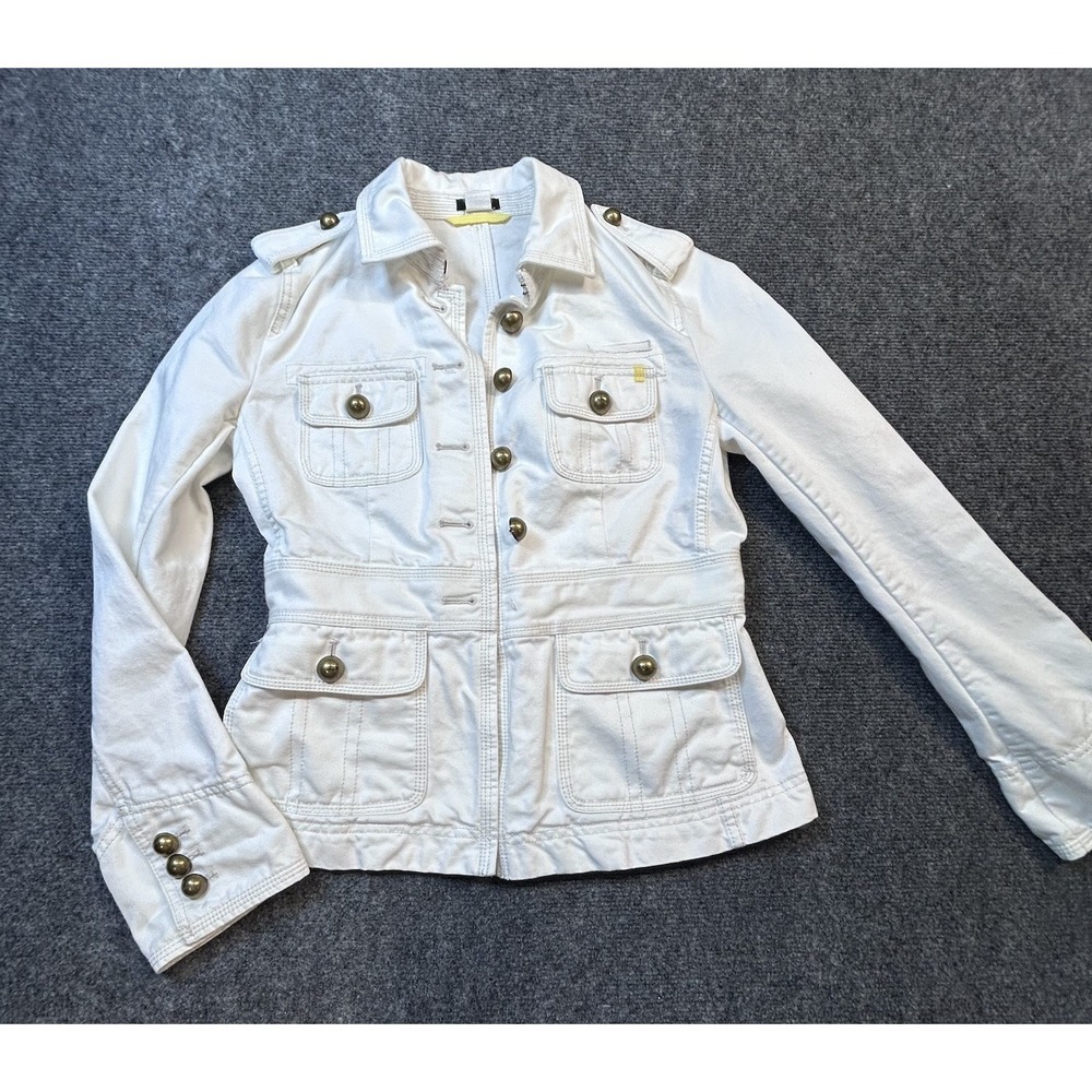 J.Crew White Denim Military Utility Jacket Gold Crest Button Cotton XS RN77388